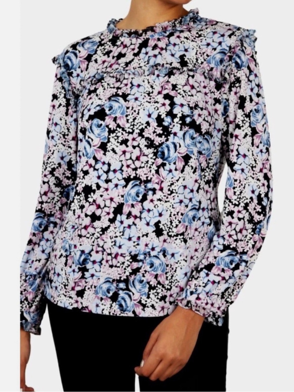 Karl Lagerfeld Black Multi Floral Ruffle-Trim Blouse Medium